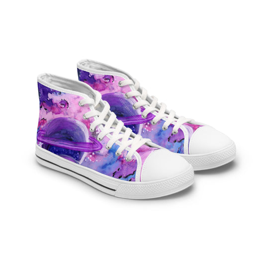Galaxy Watercolor High Top Sneakers — Purple Planet Cosmic Print for Women