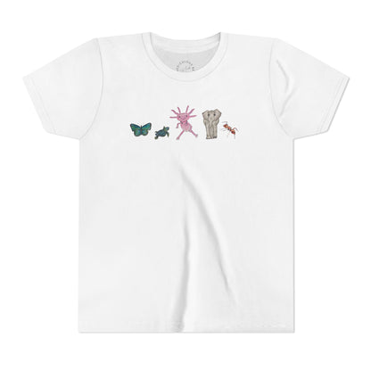 Youth Tee — Whimsical Critters (butterfly, ant, axolotl, elephant)
