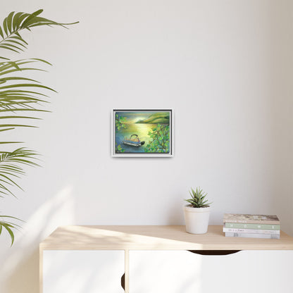 Pontoon Boat on Lake Framed Wall Art