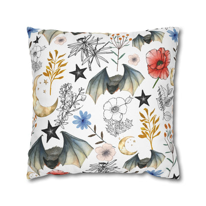 Botanical Night Bat Pillowcase — Floral Moon & Stars Throw Pillow Cover