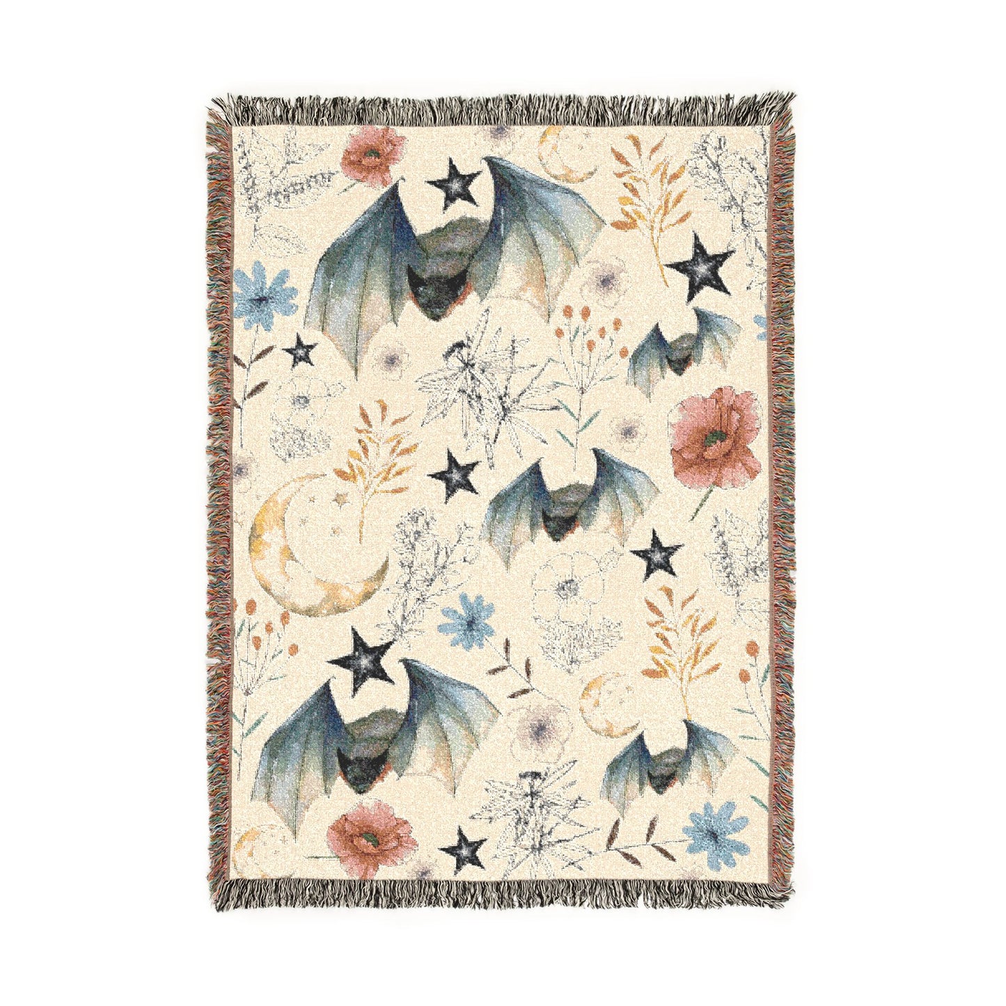 Celestial Bat Woven Blanket — Moon & Star Throw with Botanical Accents