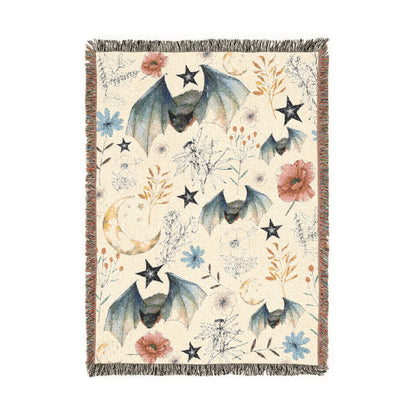 Celestial Bat Woven Blanket — Moon & Star Throw with Botanical Accents