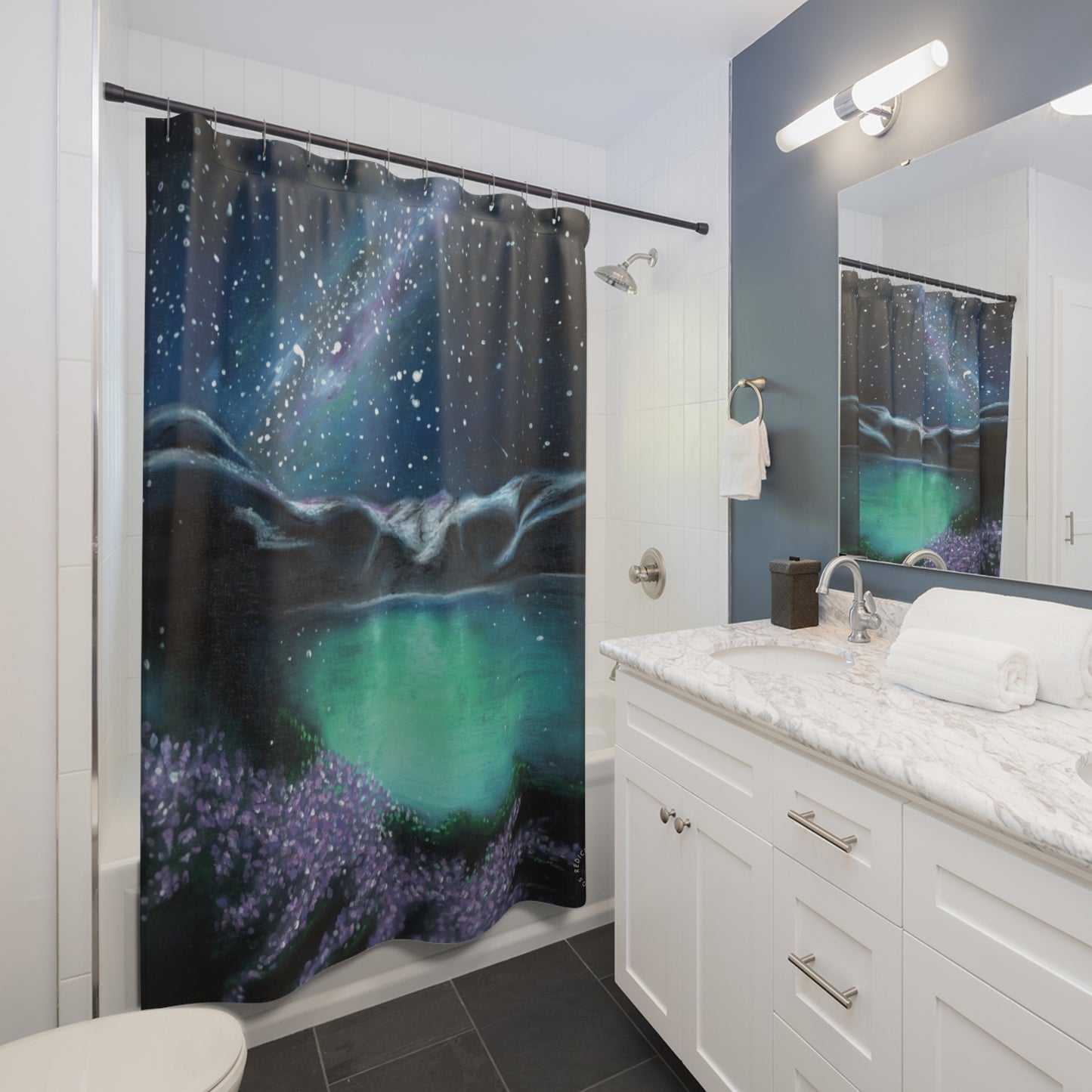 Northern Lights Lake Shower Curtain — Starry Night Aurora Bathroom Decor