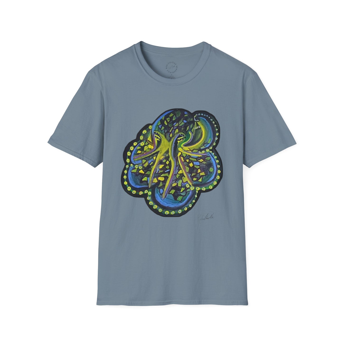 Green Geo octopus Unisex Softstyle Print T-Shirt