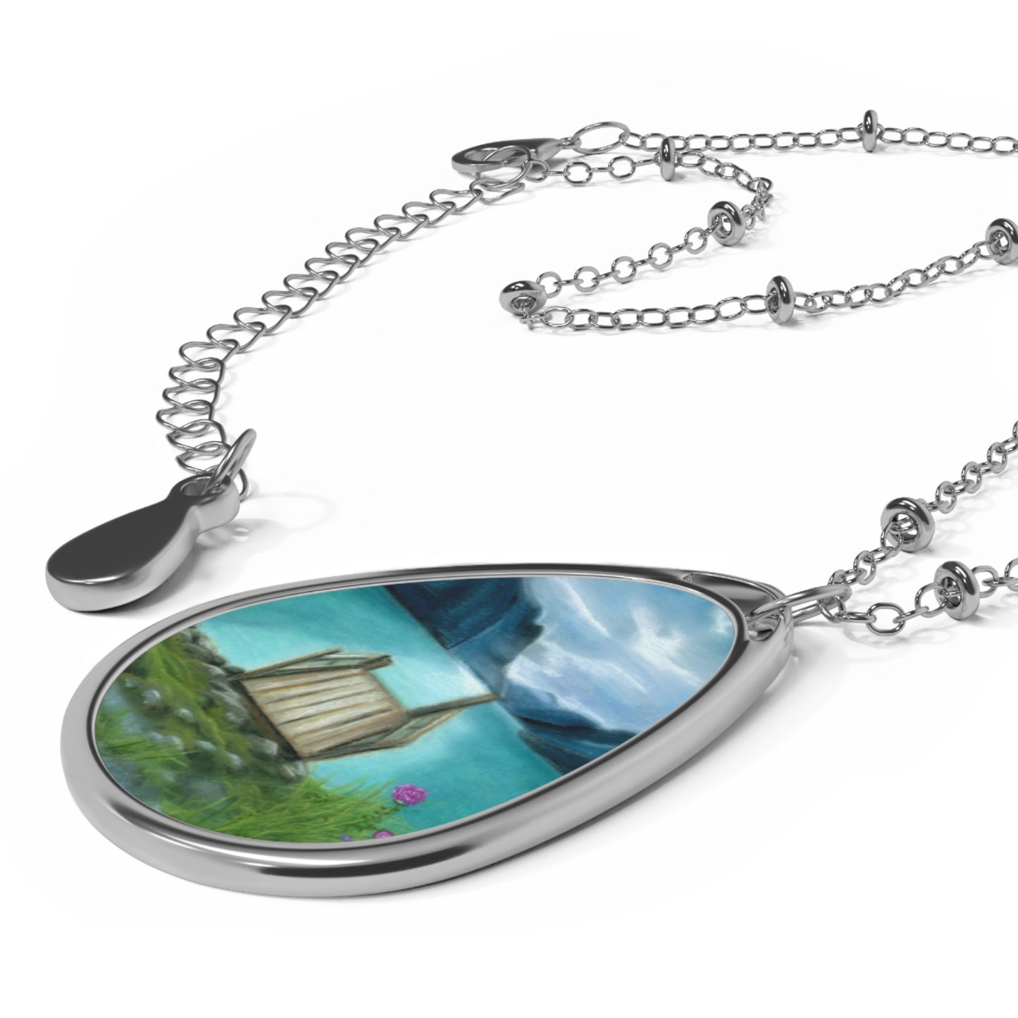 Silver Oval Pendant Necklace with Hand-painted Peaceful Lake Retreat Art