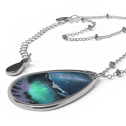 Silver Oval Pendant Necklace with Hand-painted Starry Night Nature Art