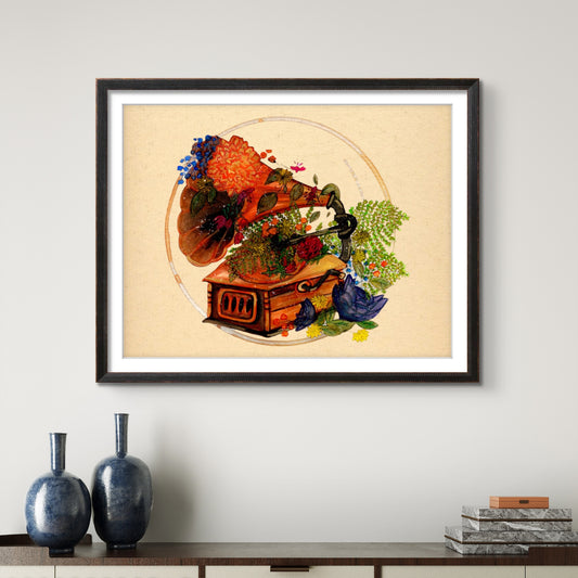 Vintage Antique record player (Phonograph) with Flowers Watercolor 8x10 Museum Grade Fine Art Print