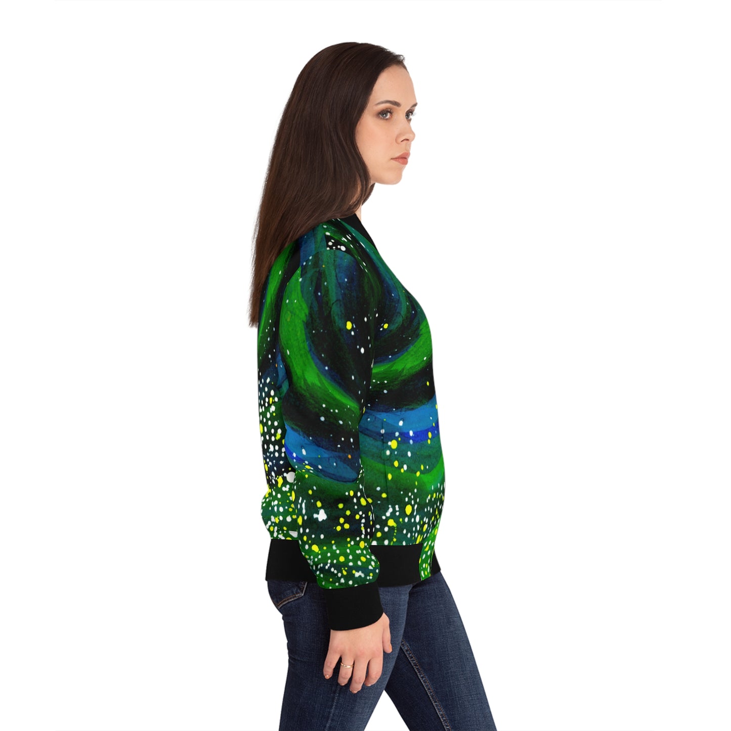 Galaxy Swirl Bomber Jacket — Women's Cosmic Night AOP