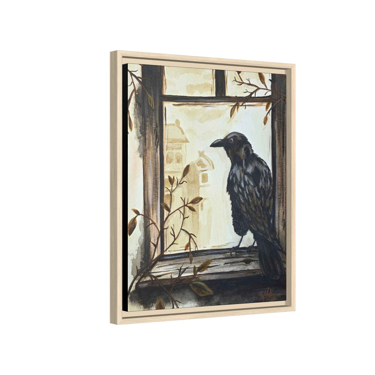 Framed Matte Canvas Print — Raven on Windowpane Wall Art