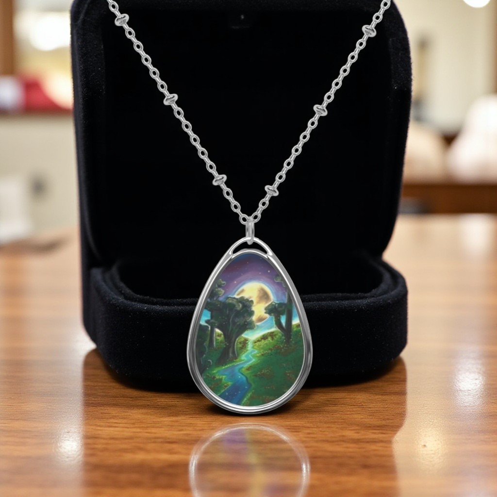 Silver Oval Pendant Necklace with Hand-painted Boho Forest Moon Nature Art