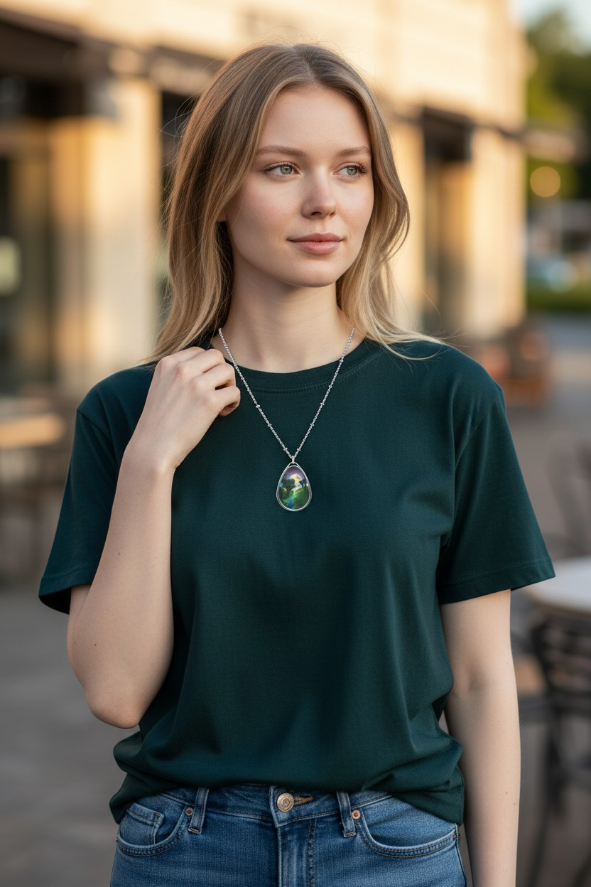 Silver Oval Pendant Necklace with Hand-painted Boho Forest Moon Nature Art