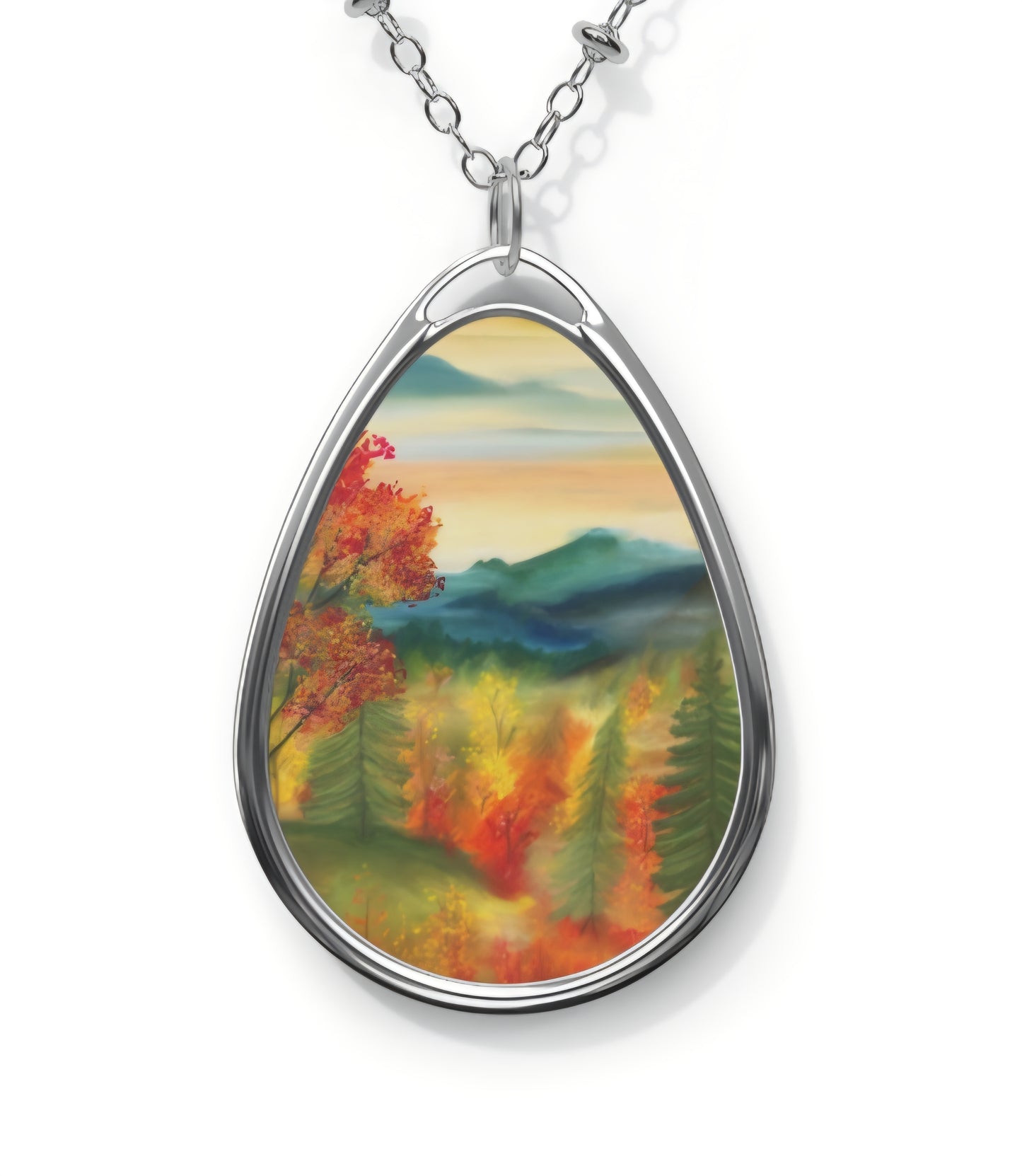 Silver Oval Pendant Necklace with Hand-painted Boho Fall Forest Nature Art