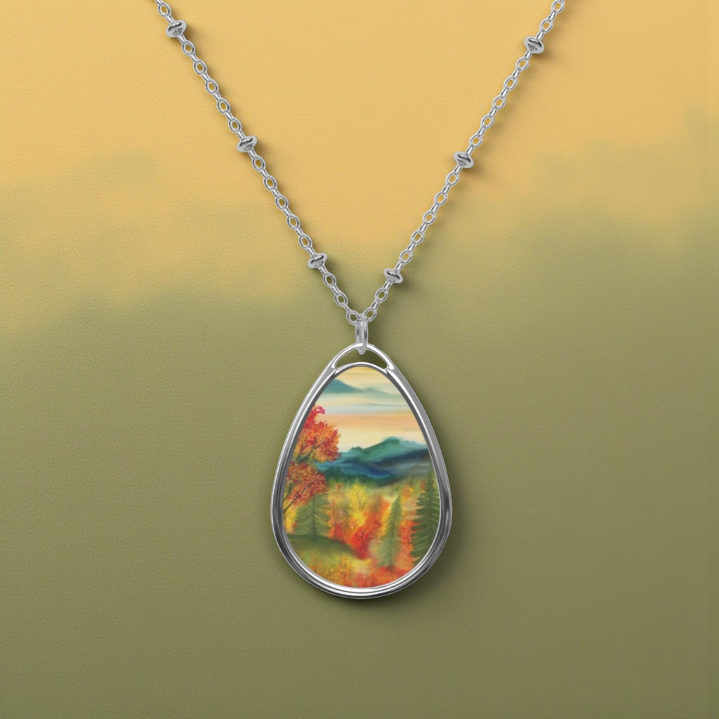 Silver Oval Pendant Necklace with Hand-painted Boho Fall Forest Nature Art