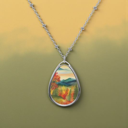 Silver Oval Pendant Necklace with Hand-painted Boho Fall Forest Nature Art