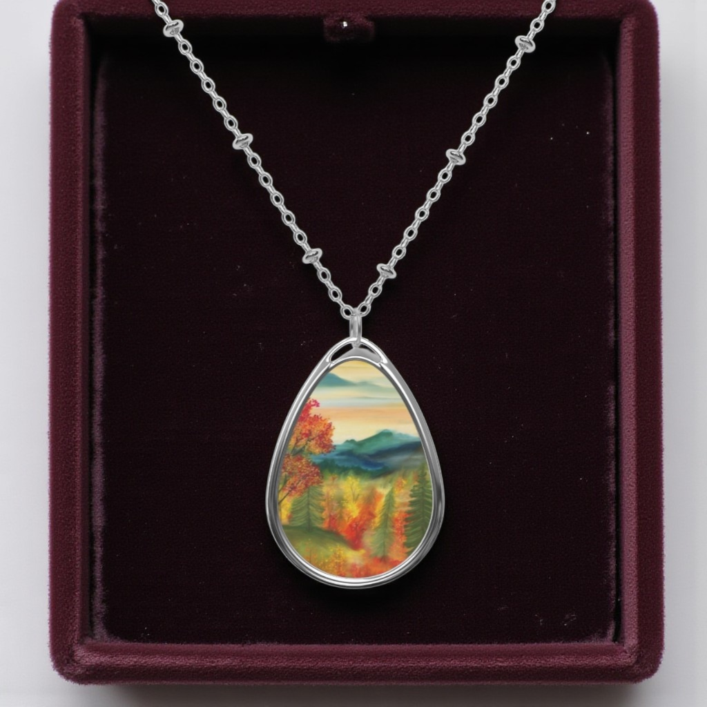 Silver Oval Pendant Necklace with Hand-painted Boho Fall Forest Nature Art