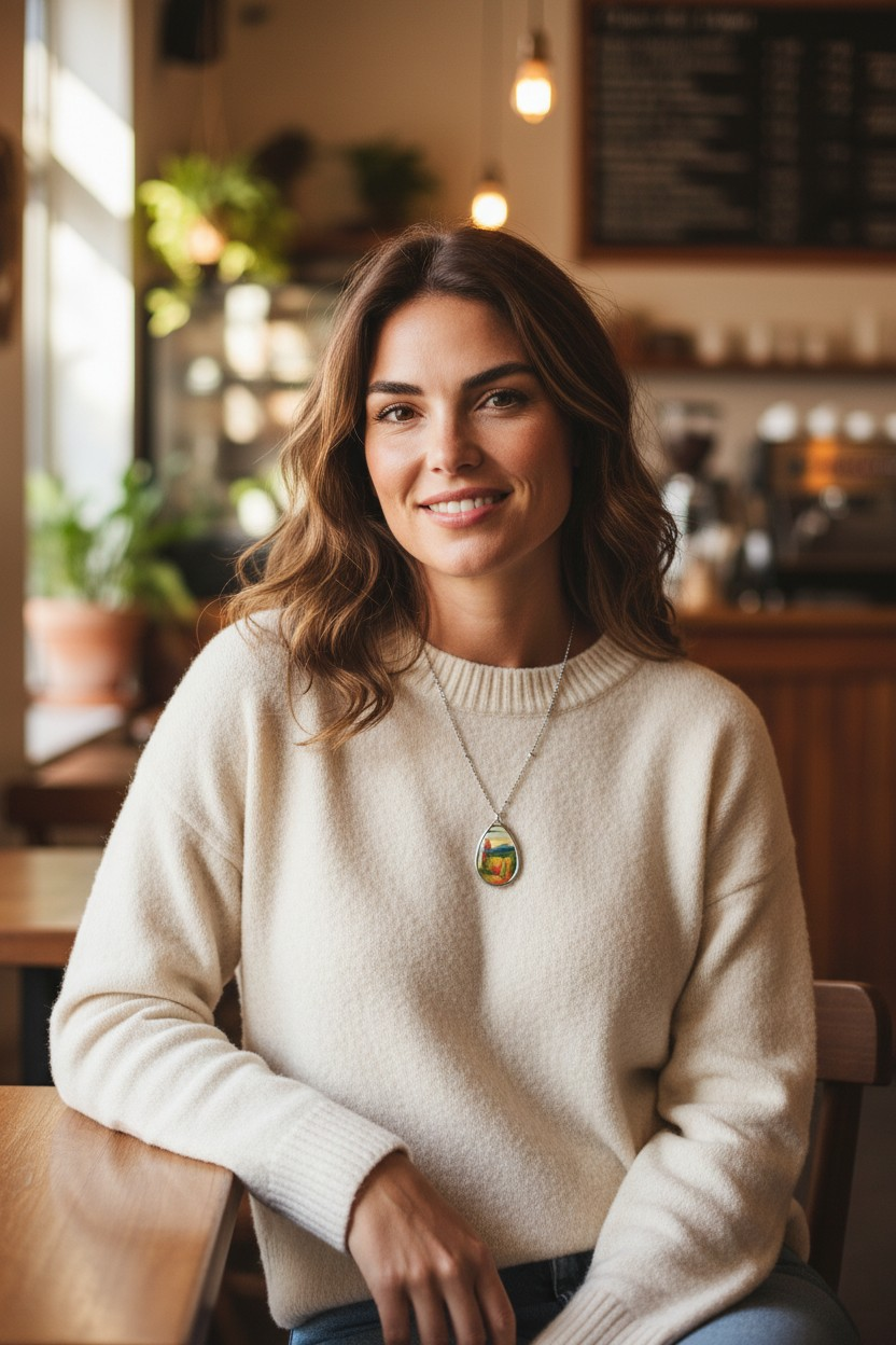 Silver Oval Pendant Necklace with Hand-painted Boho Fall Forest Nature Art