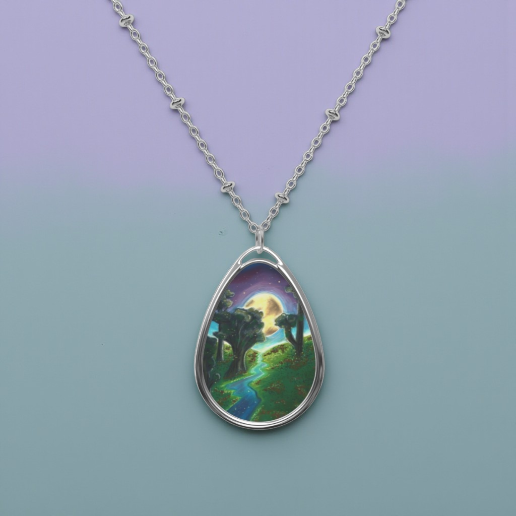 Silver Oval Pendant Necklace with Hand-painted Boho Forest Moon Nature Art