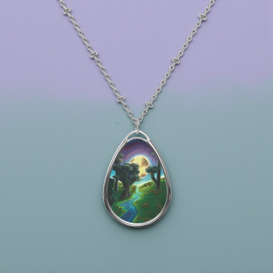 Silver Oval Pendant Necklace with Hand-painted Boho Forest Moon Nature Art