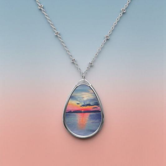 Silver Oval Pendant Necklace with Hand-painted Boho Sleeping Giant Sunrise Nature Art