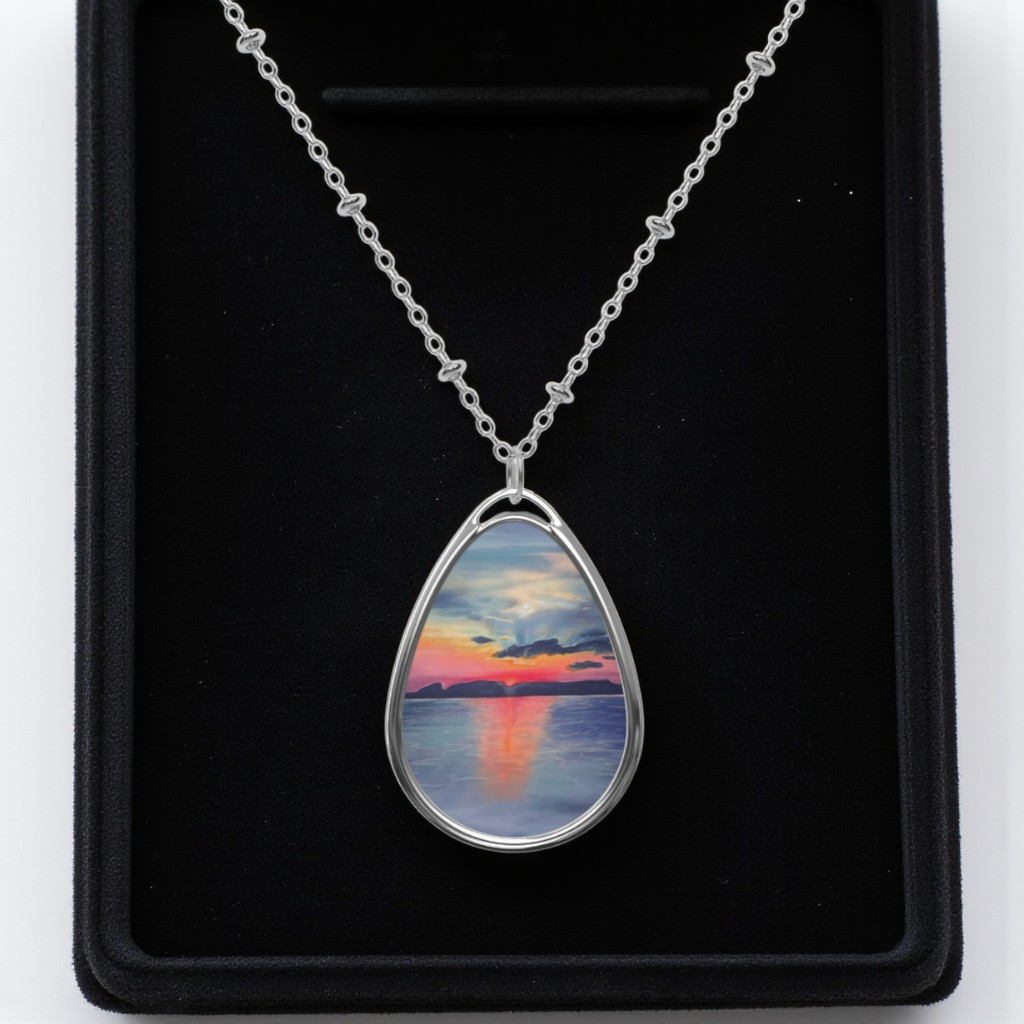 Silver Oval Pendant Necklace with Hand-painted Boho Sleeping Giant Sunrise Nature Art