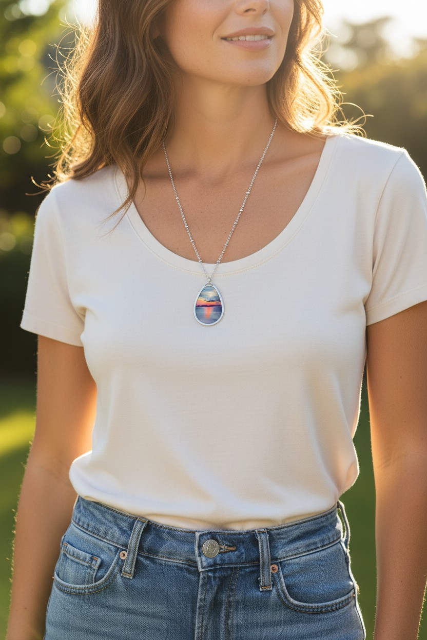 Silver Oval Pendant Necklace with Hand-painted Boho Sleeping Giant Sunrise Nature Art