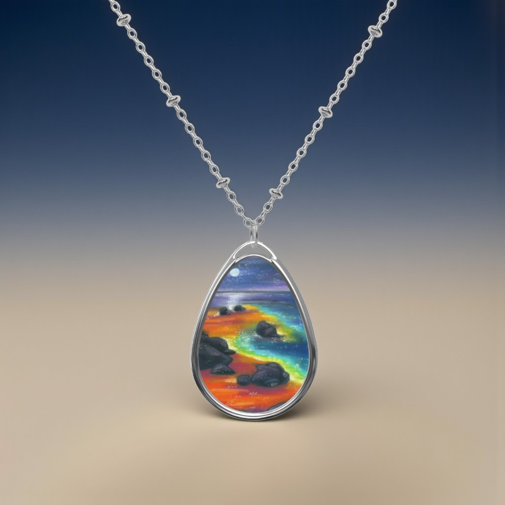 Silver Oval Pendant Necklace with Hand-painted Boho Night Beach Nature Art
