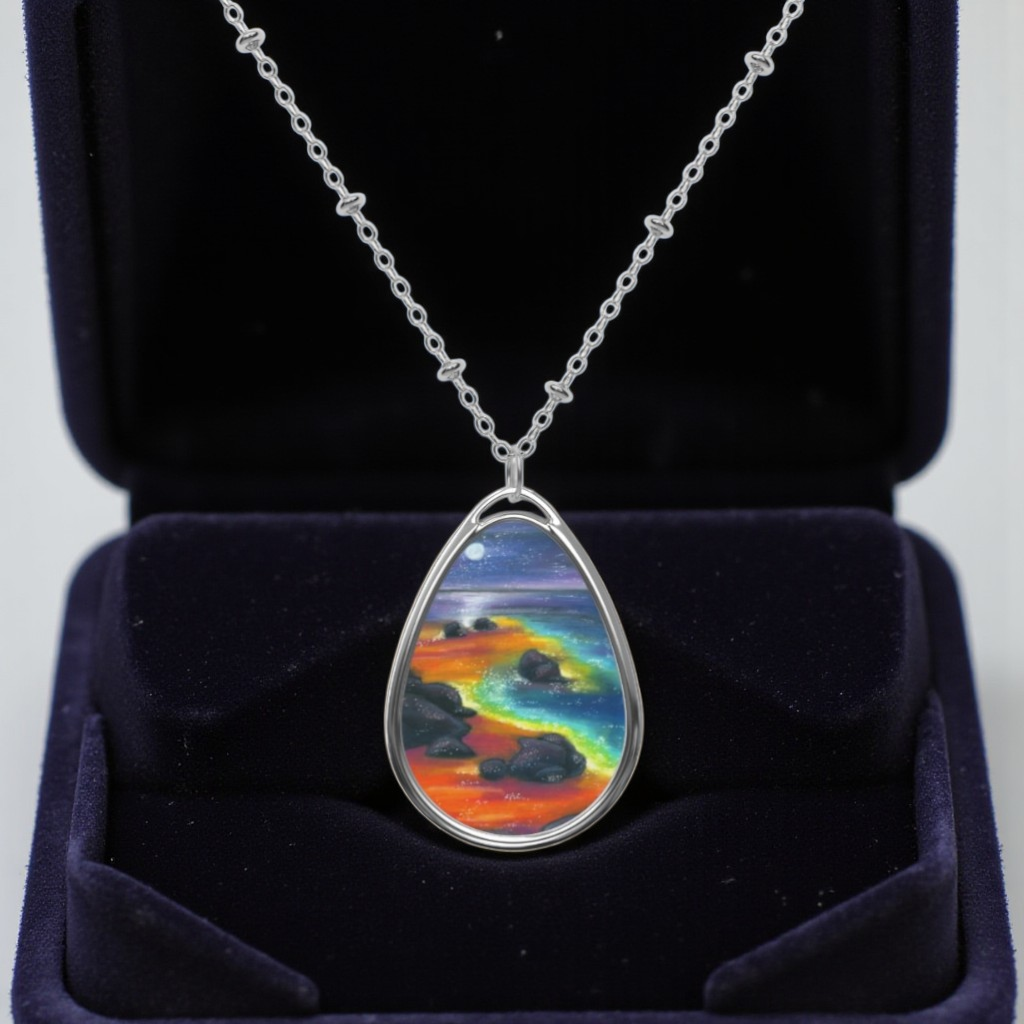 Silver Oval Pendant Necklace with Hand-painted Boho Night Beach Nature Art