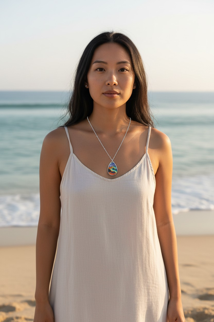 Silver Oval Pendant Necklace with Hand-painted Boho Night Beach Nature Art