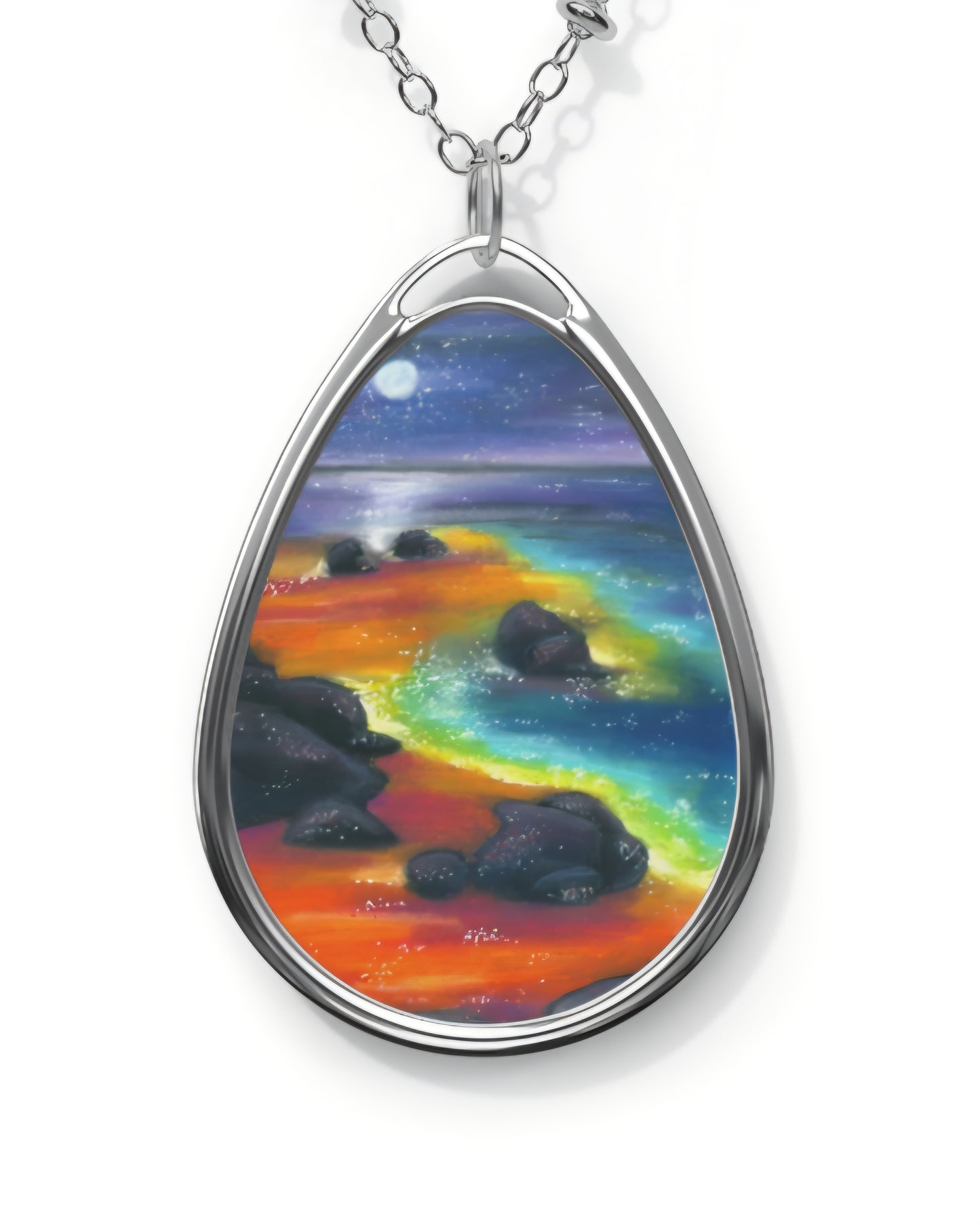 Silver Oval Pendant Necklace with Hand-painted Boho Night Beach Nature Art