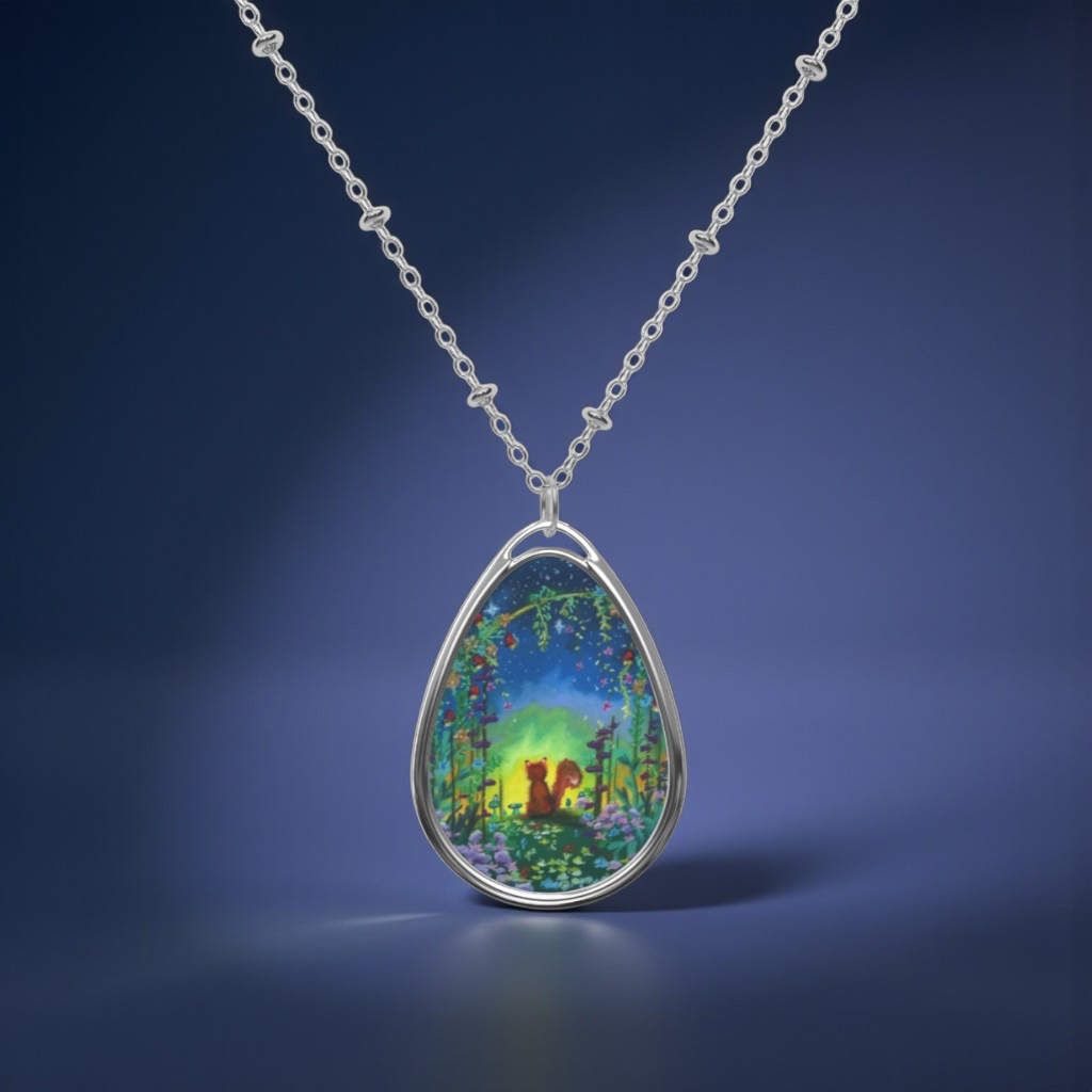 Silver Oval Pendant Necklace with Hand-painted Fox and Flowers Nature Art