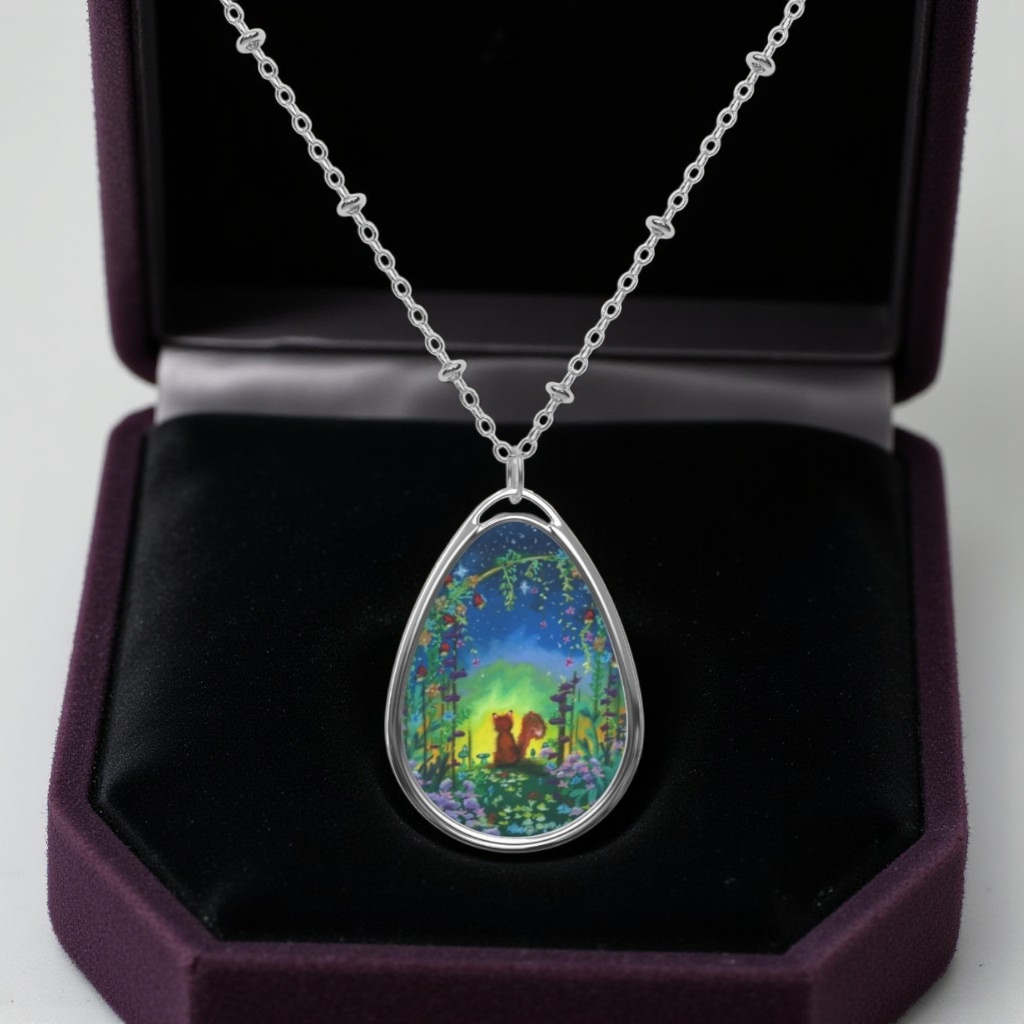 Silver Oval Pendant Necklace with Hand-painted Fox and Flowers Nature Art