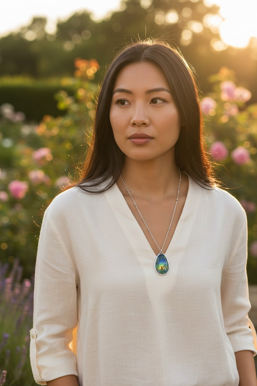 Silver Oval Pendant Necklace with Hand-painted Fox and Flowers Nature Art