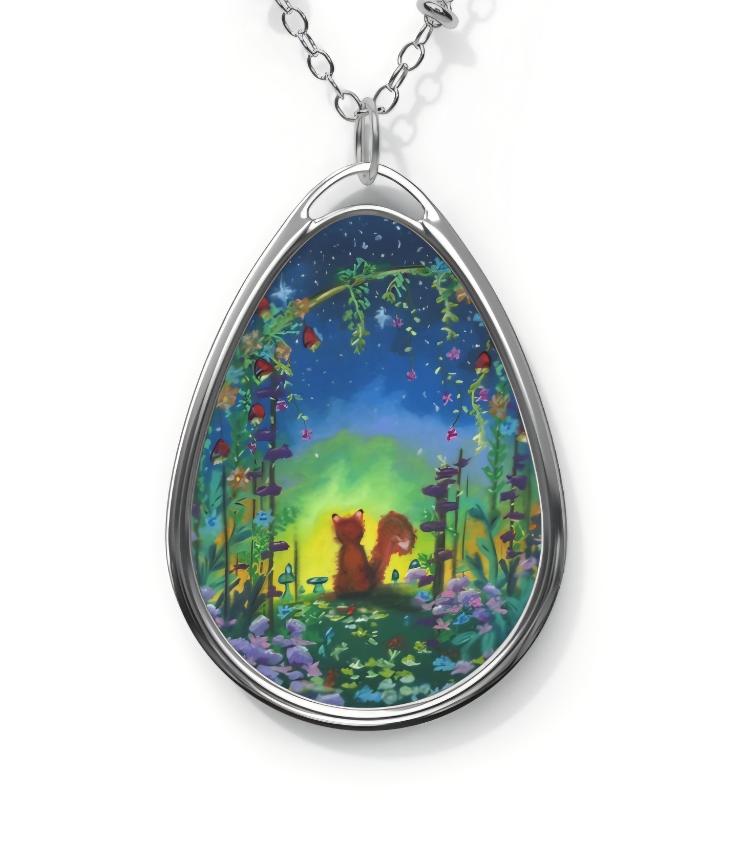 Silver Oval Pendant Necklace with Hand-painted Fox and Flowers Nature Art