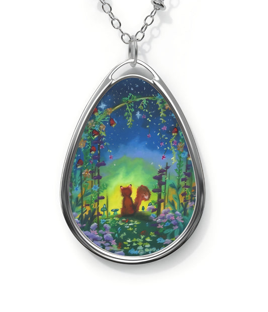 Silver Oval Pendant Necklace with Hand-painted Fox and Flowers Nature Art