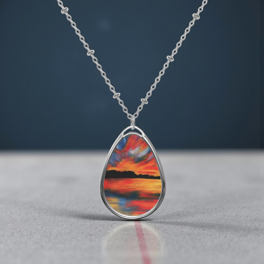 Silver Oval Pendant Necklace with Hand-painted Boho Sunset Lake Nature Art