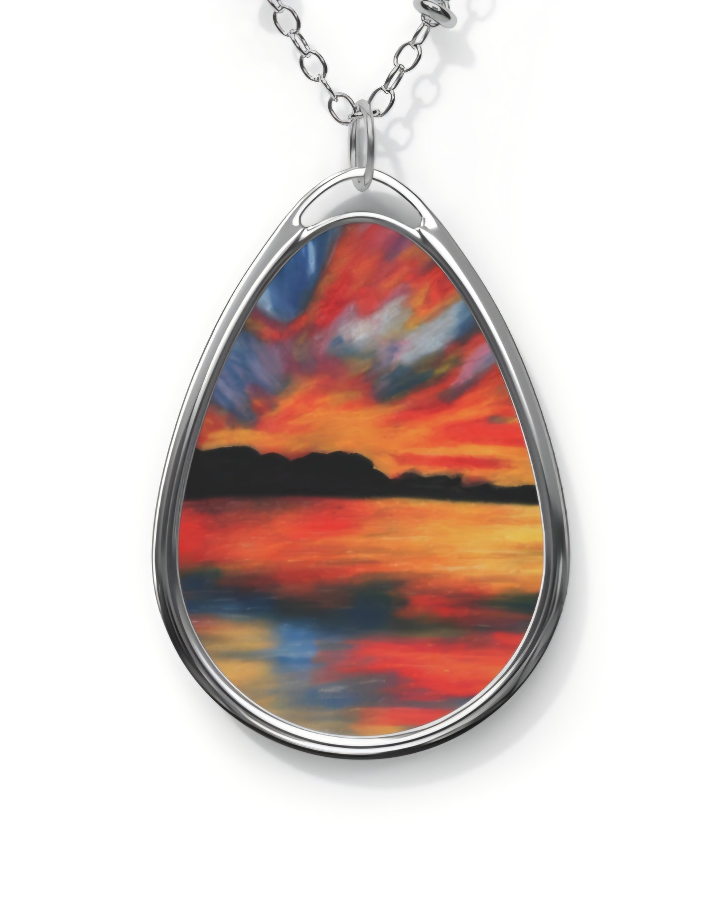 Silver Oval Pendant Necklace with Hand-painted Boho Sunset Lake Nature Art