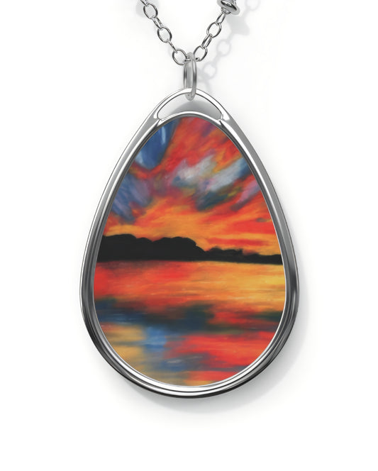 Silver Oval Pendant Necklace with Hand-painted Boho Sunset Lake Nature Art