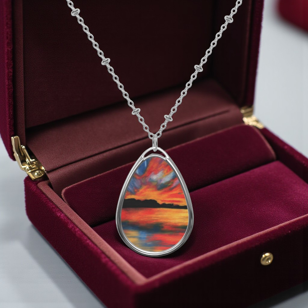 Silver Oval Pendant Necklace with Hand-painted Boho Sunset Lake Nature Art