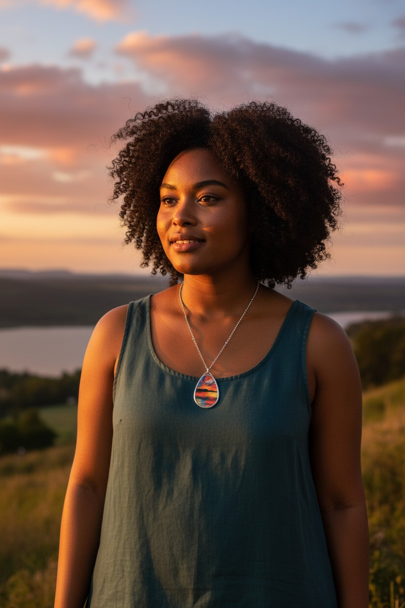Silver Oval Pendant Necklace with Hand-painted Boho Sunset Lake Nature Art