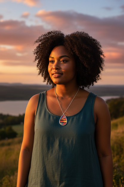 Silver Oval Pendant Necklace with Hand-painted Boho Sunset Lake Nature Art