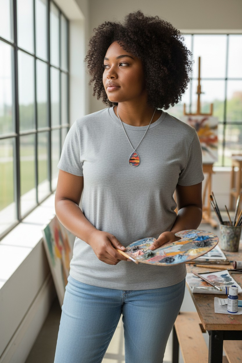 Silver Oval Pendant Necklace with Hand-painted Boho Sunset Lake Nature Art