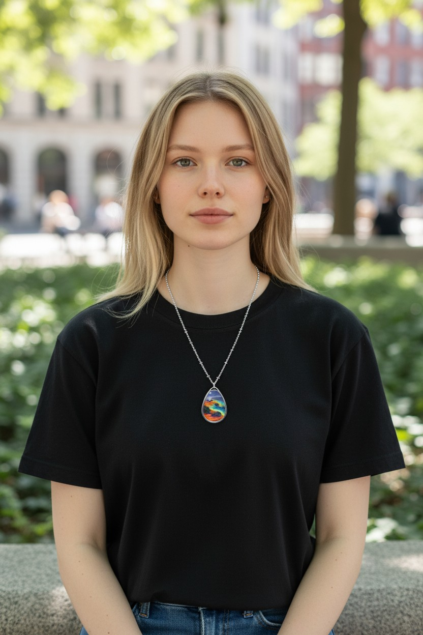 Silver Oval Pendant Necklace with Hand-painted Boho Night Beach Nature Art