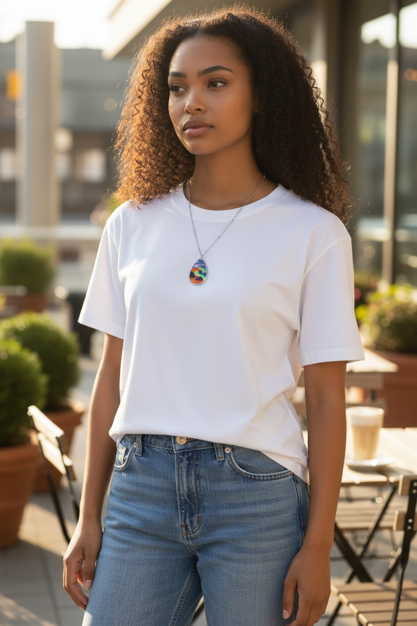 Silver Oval Pendant Necklace with Hand-painted Boho Night Beach Nature Art