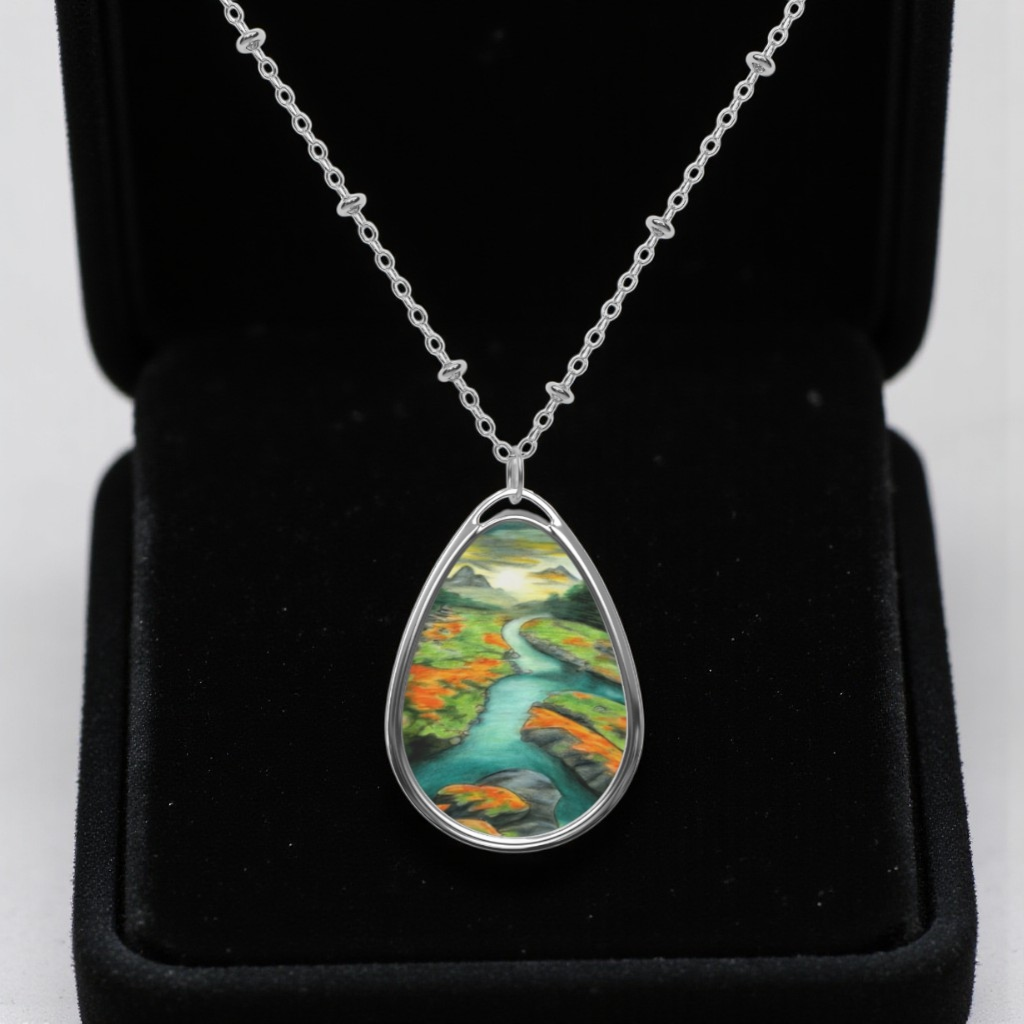 Silver Oval Pendant Necklace with Hand-painted Boho Winding River Nature Art