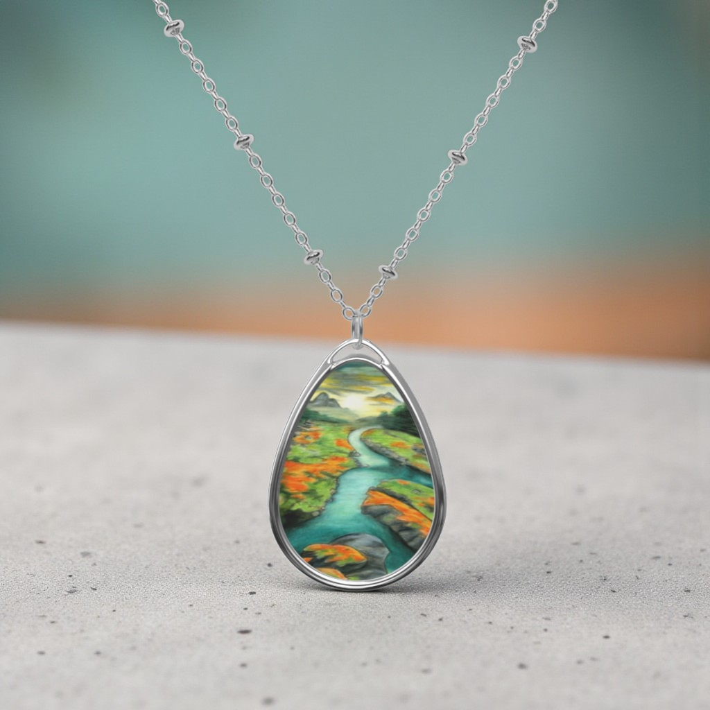 Silver Oval Pendant Necklace with Hand-painted Boho Winding River Nature Art