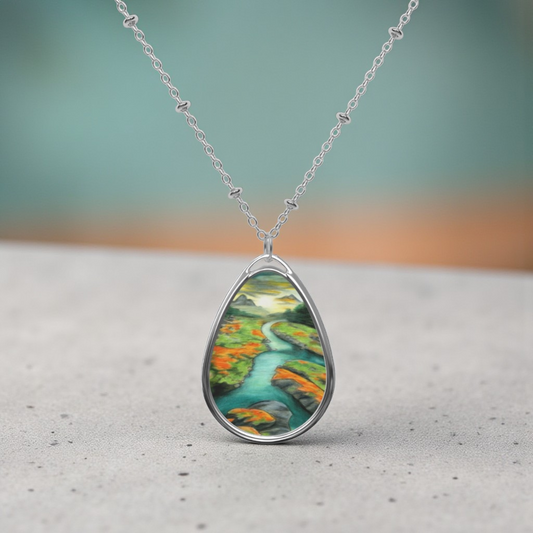 Silver Oval Pendant Necklace with Hand-painted Boho Winding River Nature Art