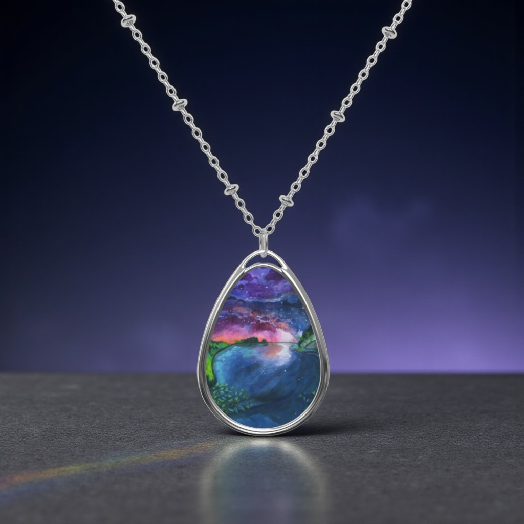 Silver Oval Pendant Necklace with Hand-painted Sunset Lake Watercolor Art