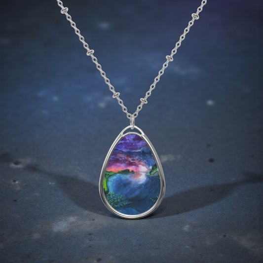 Silver Oval Pendant Necklace with Hand-painted Sunset Lake Watercolor Art