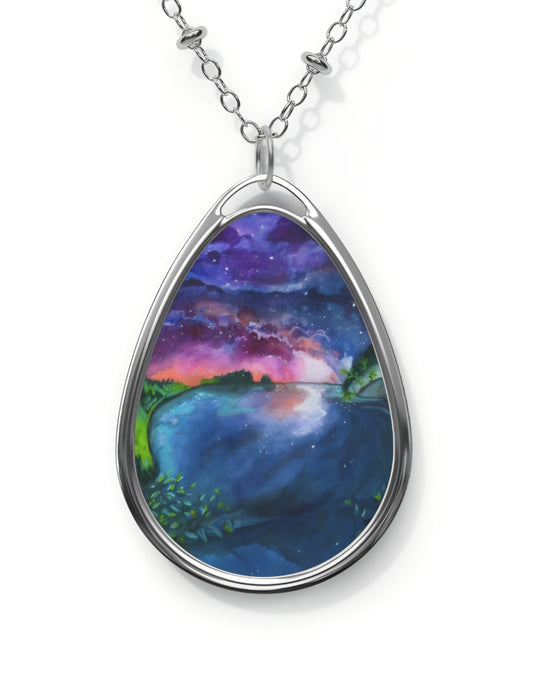 Silver Oval Pendant Necklace with Hand-painted Sunset Lake Watercolor Art