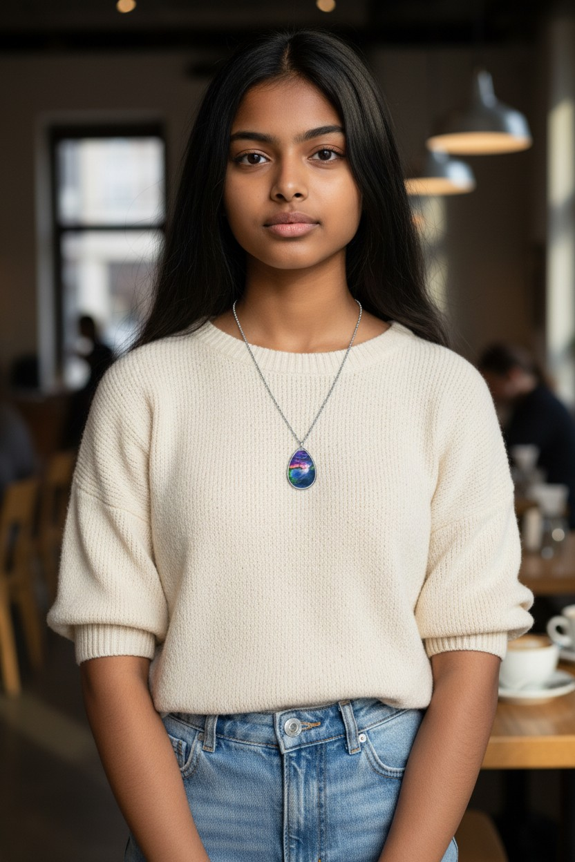 Silver Oval Pendant Necklace with Hand-painted Sunset Lake Watercolor Art